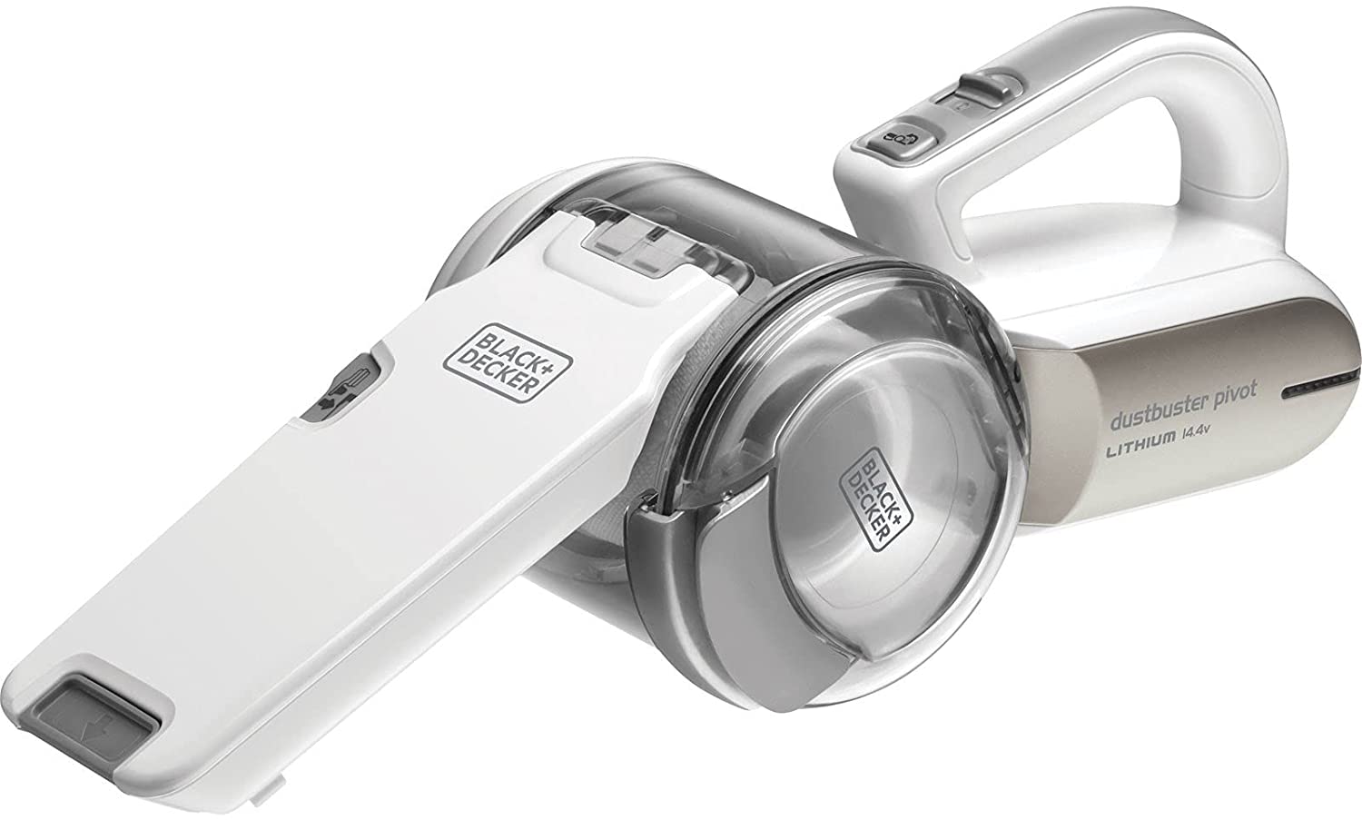 Black Decker Cordless Dustbuster Pivot Handheld Vacuum Cleaner 14.4 V 1.5 Ah Li Ion Battery with Charging Base 440 ml 27.5 Air Watts Suction Power Champagne White PV1420L B5 2 Years Warranty One Windo...